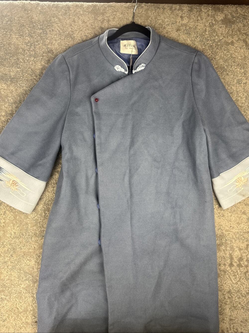 Vintage Chinese Tang Jacket 2XL Blue Gray Mandarin Collar Embroidered Floral